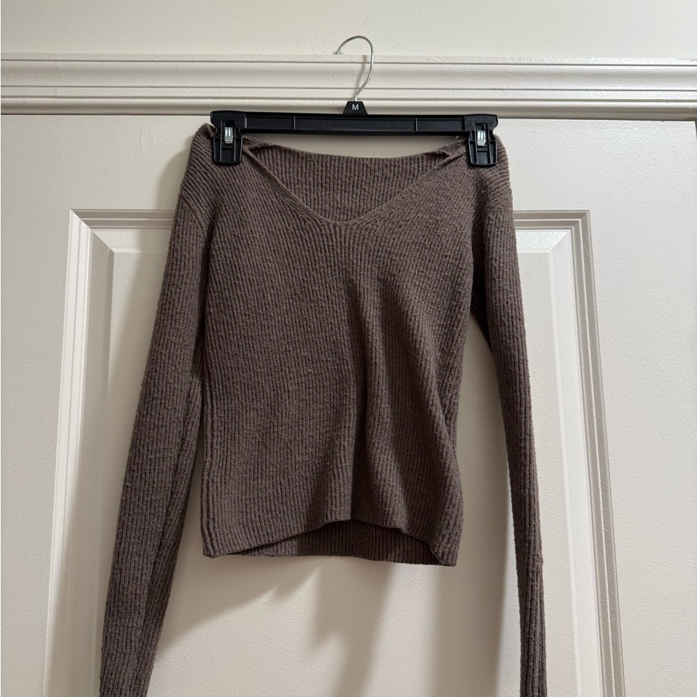 Brown Ribbed Knit Cropped Sweater
